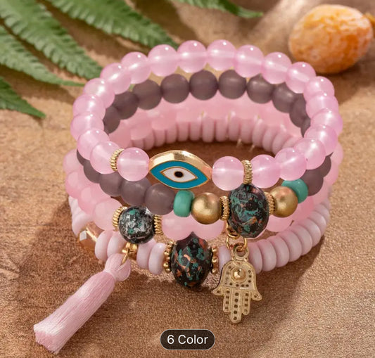 Pink bohemian evil eye bracelet set